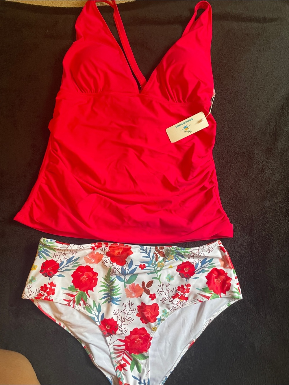adidas White Floral One-Piece Swimsuit with Red and Green Accents